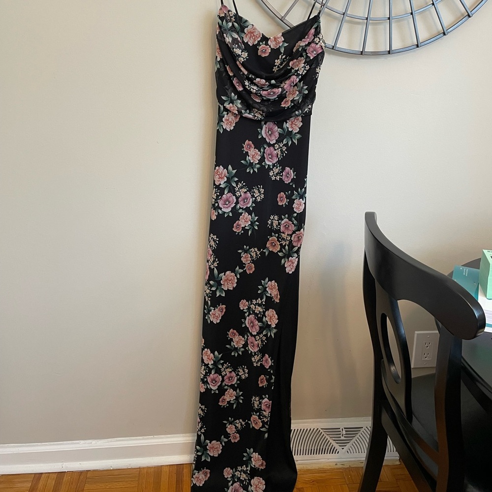 Floral (black/pink) Long Dress with Leg Slit